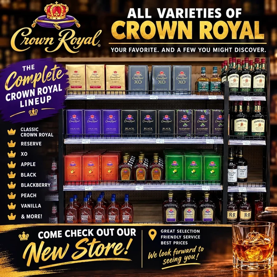 Full shelf of Crown Royal varieties at Molino Liqours